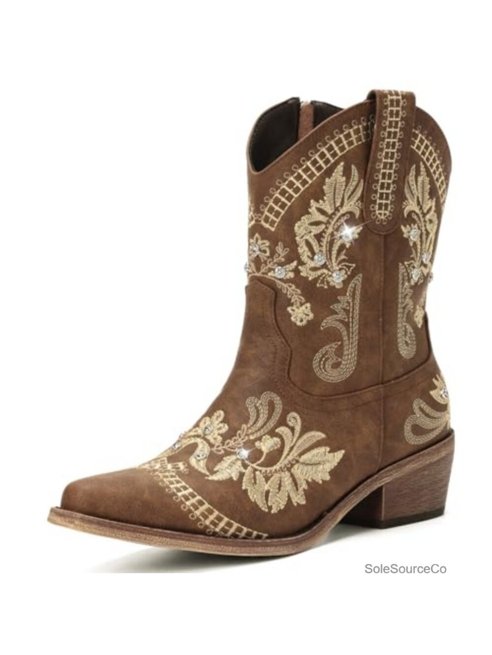Women's Rhinestone Embroidered Western Cowboy Boots Pointed Toe Chunky Heel